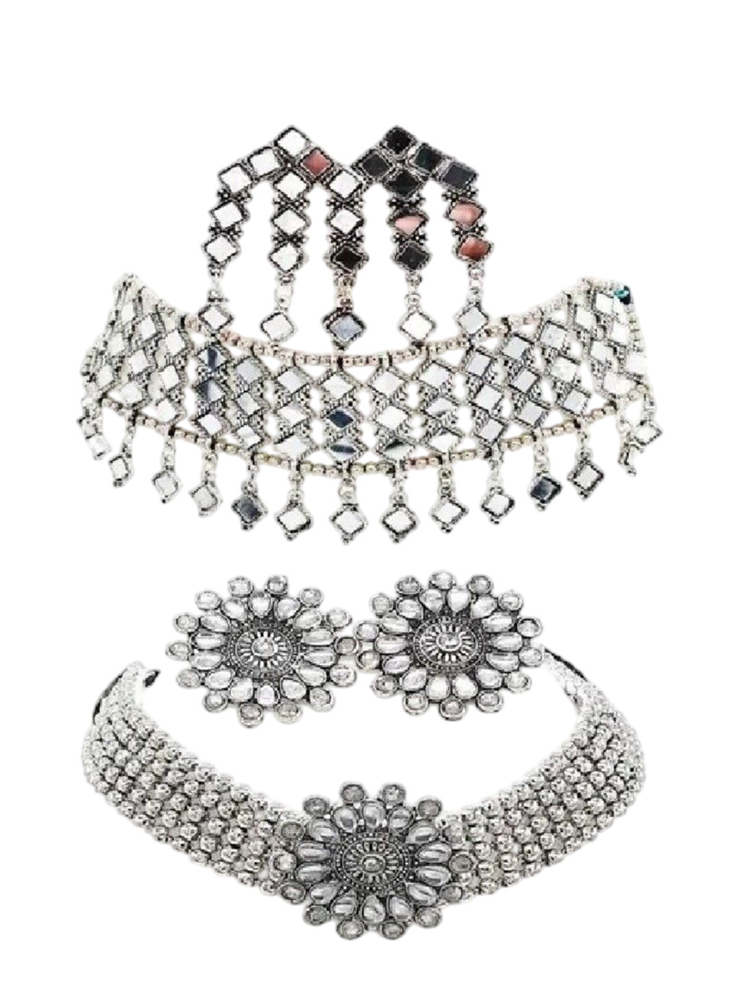 Sangria Set Of 2 Stones-Studded Ball Chain & Quad Mirror Jewellery Set