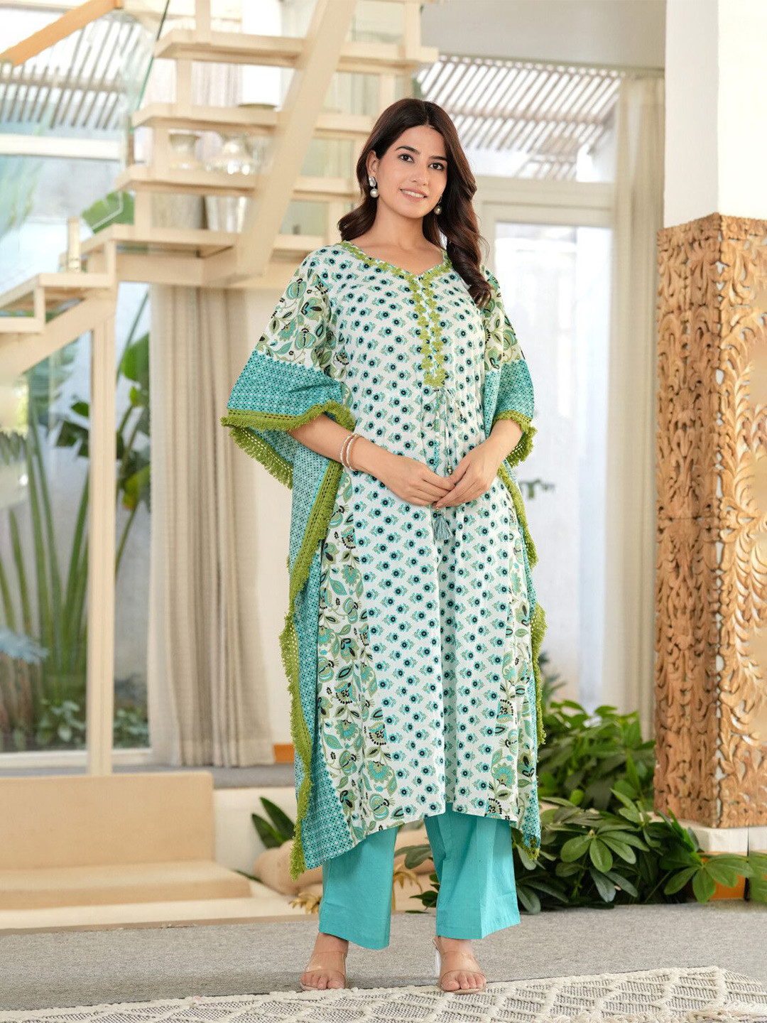 Aujjessa Women Turquoise Pure Cotton Printed Maternity Feeding Kaftan Kurta Set