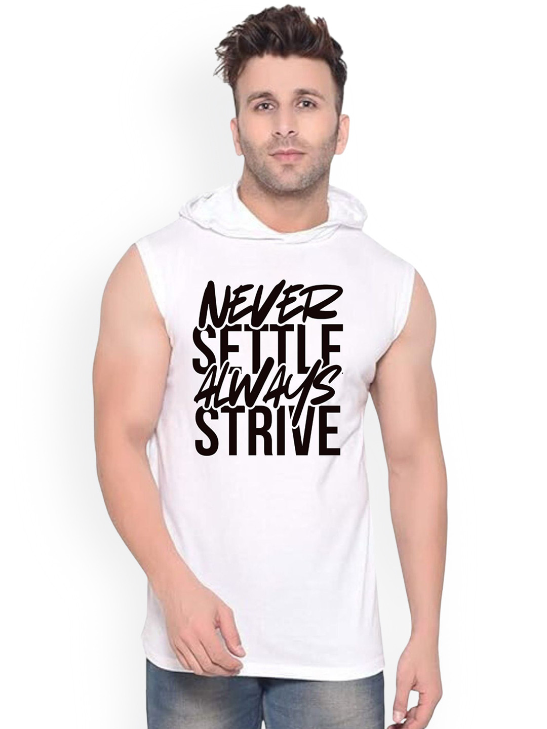 Fashnobic Never Settle Printed Innerwear Gym Vest K_Print-232_gym_vest White M