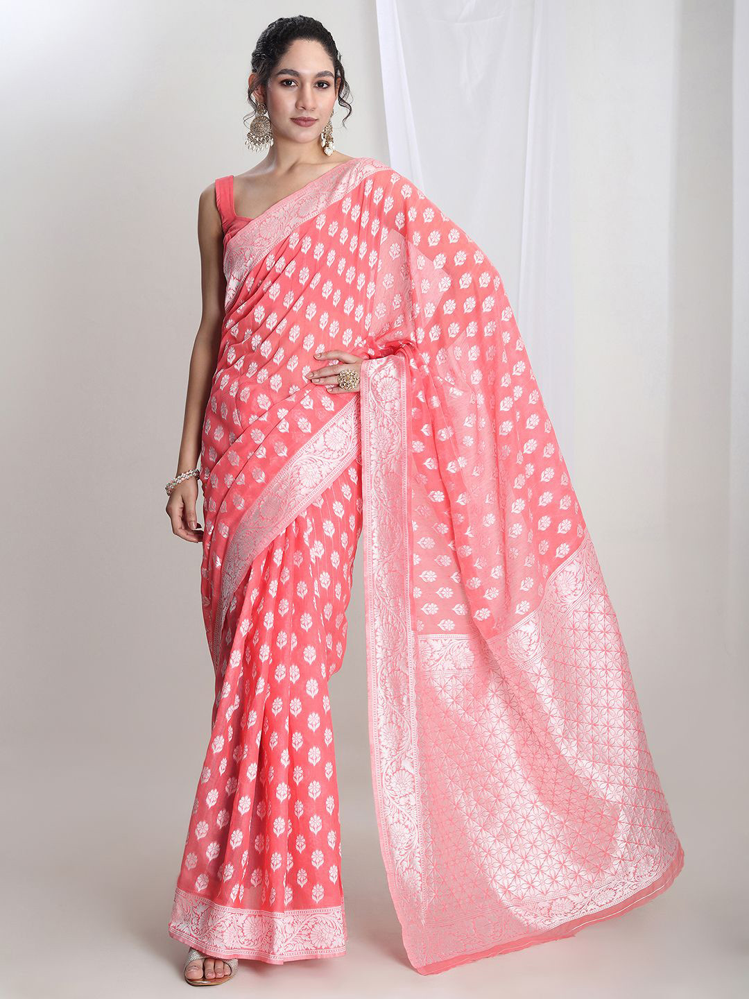 Janasya Women Coral Silk Blend Floral Woven Design Jacquard Saree
