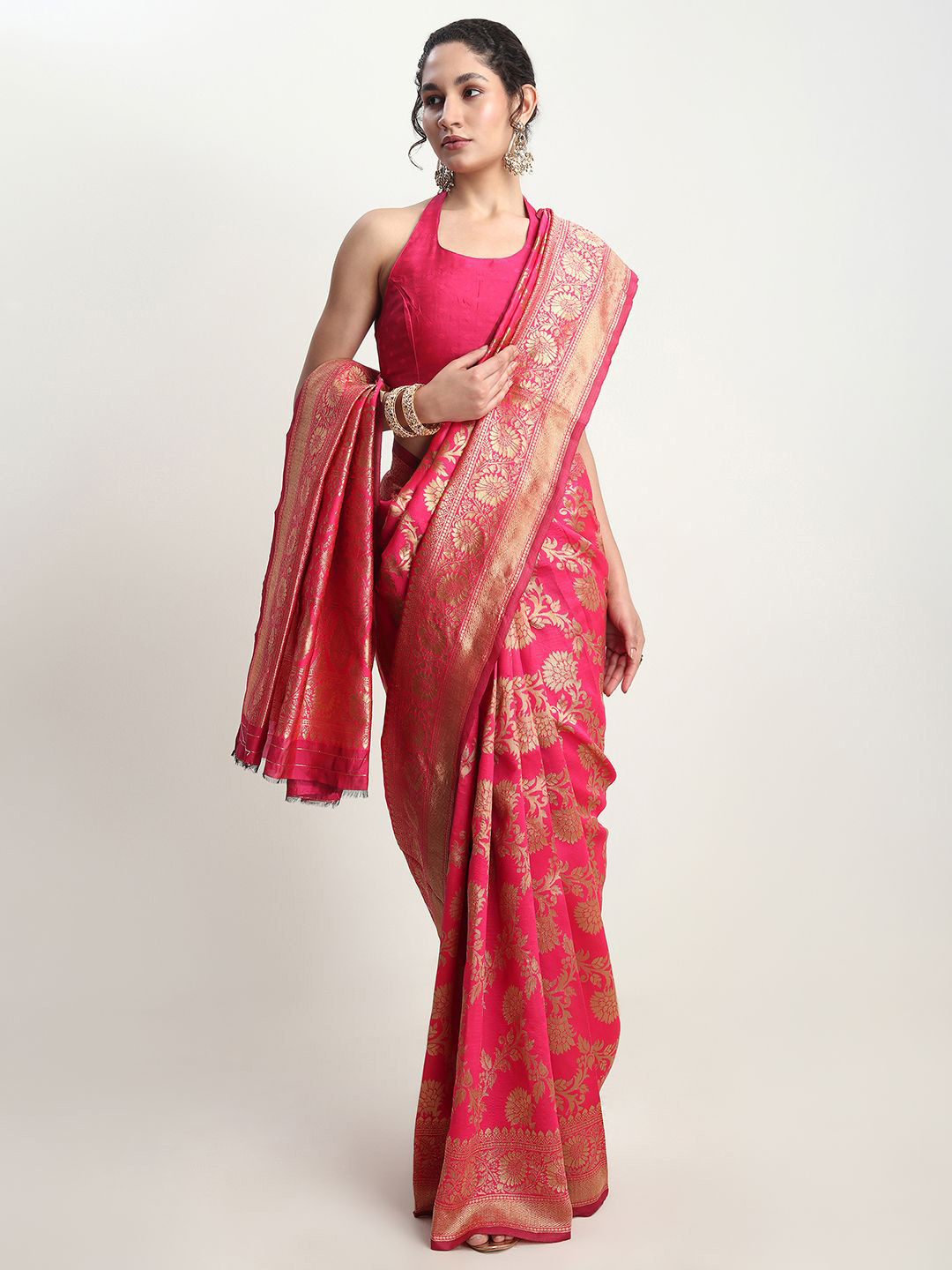 Janasya Women Pink Silk Blend Floral Woven Design Jacquard Saree