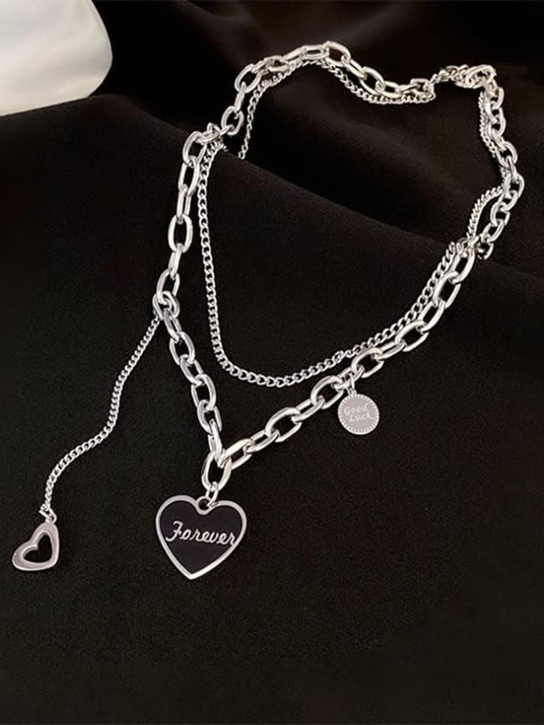 FIMBUL Engraved Forever Charm Heart Shaped Pendant Statement Layered Chain