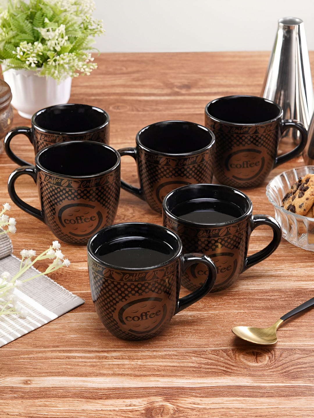 CDI Double Walled Black Typography Ceramic Handmade 6 Piece Mugs-200ml