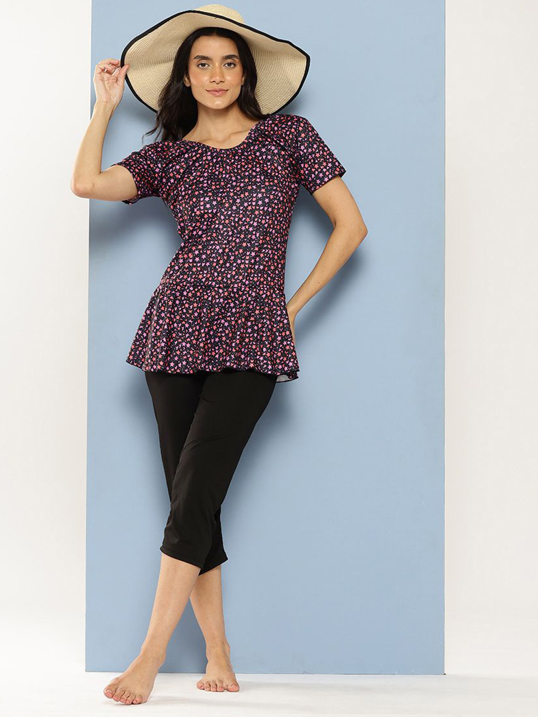 Aarika Star Printed Round Neck Swim Suit With Goggle