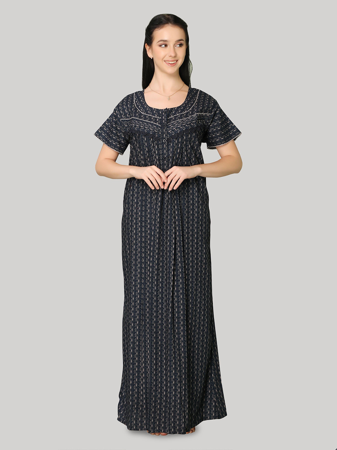 Glamoras Women Bizzy Lizzy Cotton Blend Printed Side Pocket Maxi Night Gown Nightdress