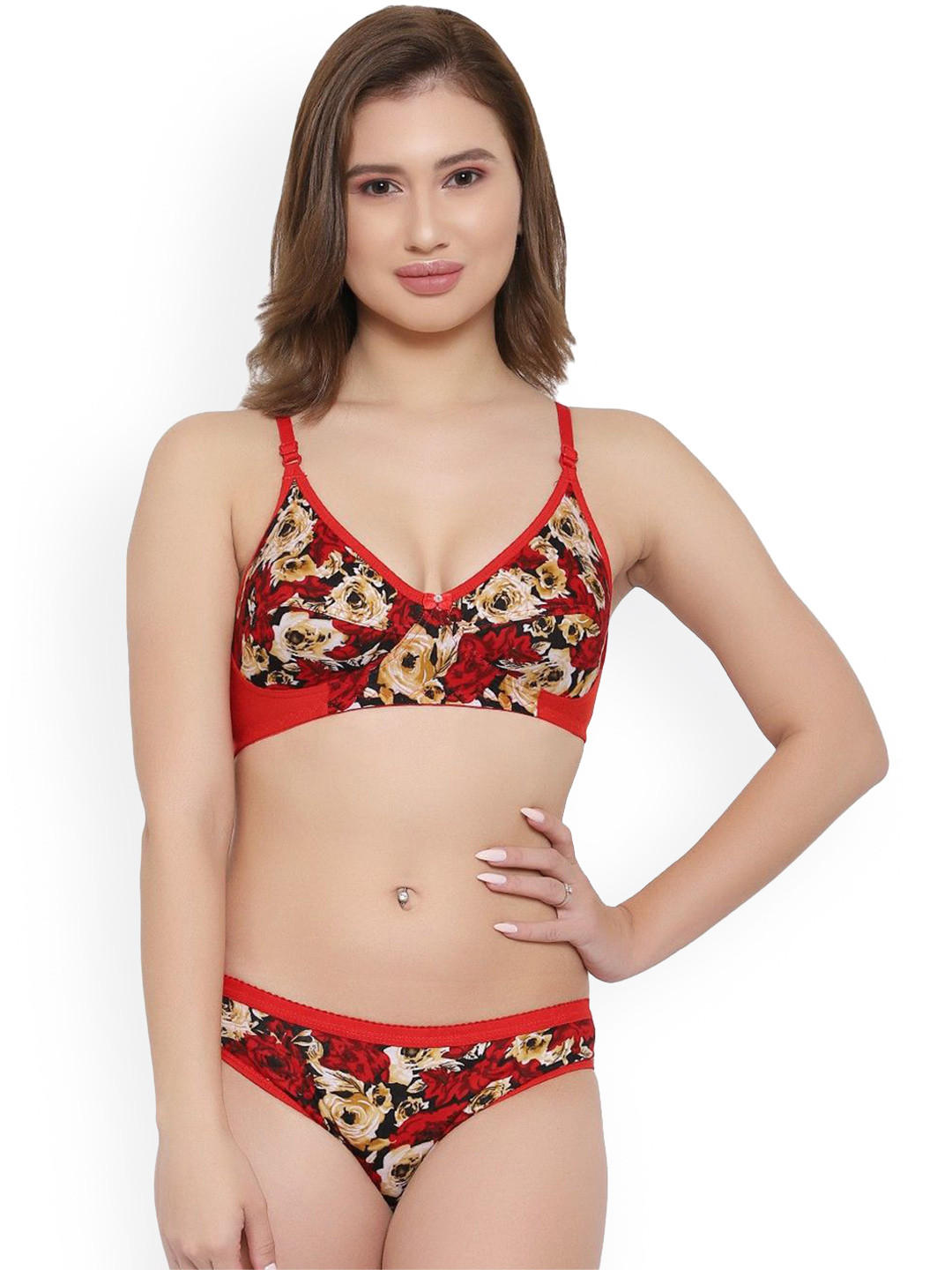 TACE Floral Printed Non-Padded  Underwired Lingerie Set - F2_Red sets_30