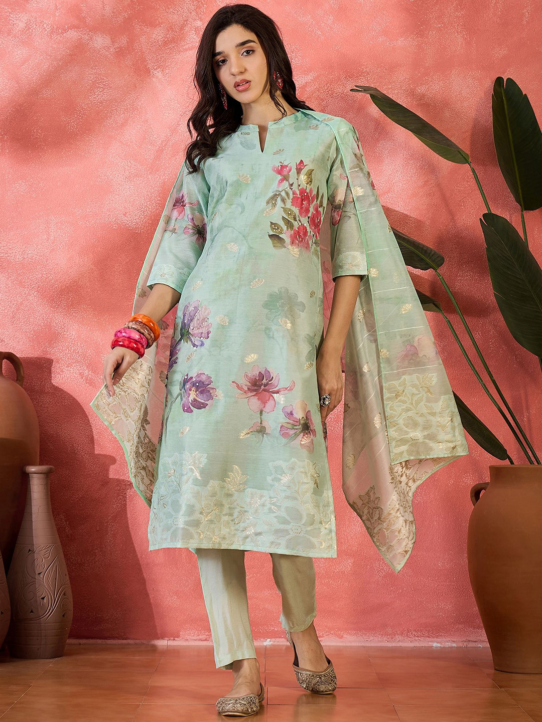Sangria Floral Printed Chanderi Silk Mandarin Collar Straight Kurta With Bottom & Dupatta