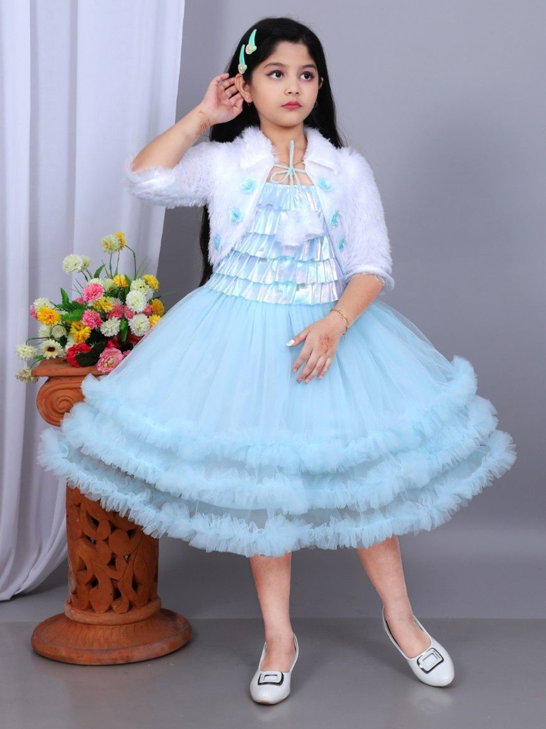 Jhilik Garments Kids-Girls Self Design Layered Net Fit & Flare Dress