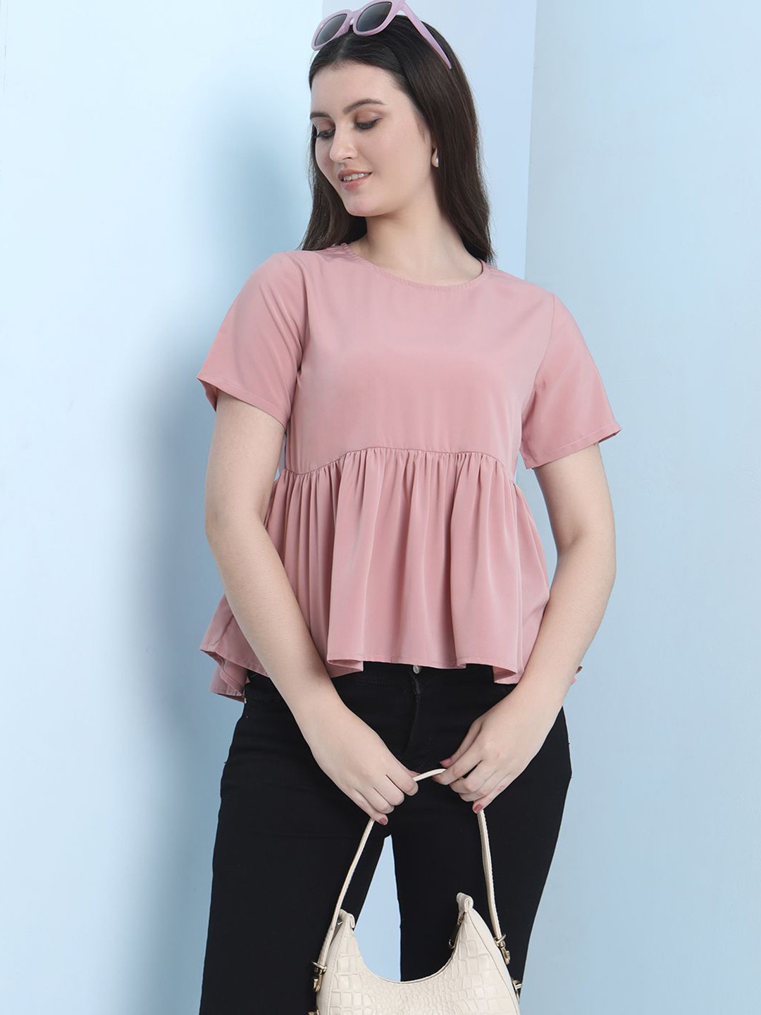 FITHUB Women Solid Gathered or Pleated Round Neck Empire Top