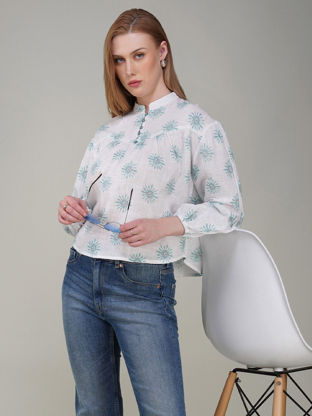 Avor Lifestyle Women Floral Printed Mandarin Collar Cotton Top