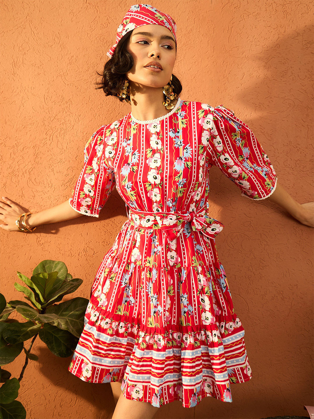 Pink Paprika by SASSAFRAS Women Floral Printed Lace Inserts Cotton Fit & Flare Dress