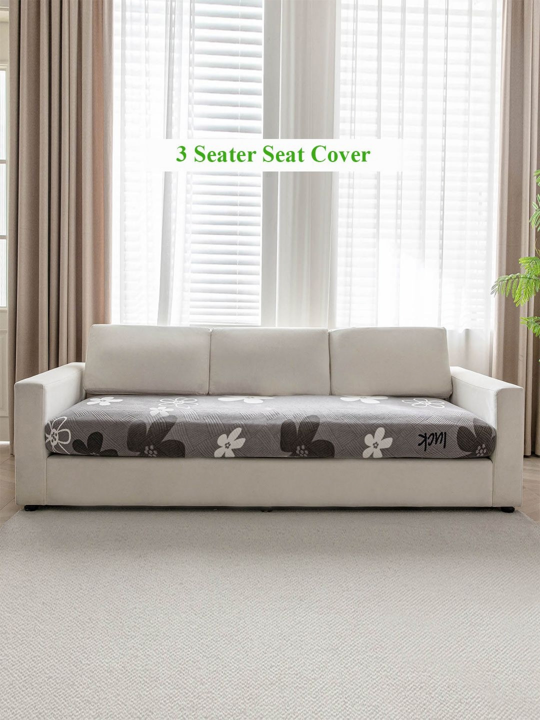 HOKIPO Grey & White Floral Printed Fleece 3 Seater Sofa Seat Cover
