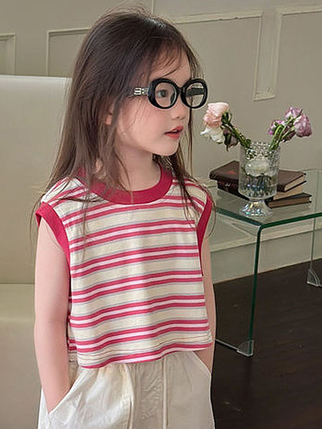 LULU & SKY Girl's Horizontal Stripes Printed Sleeveless Top