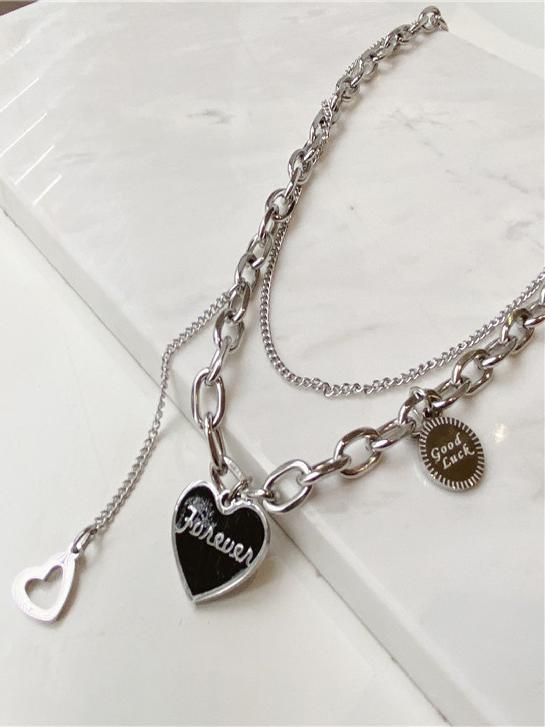 FIMBUL Layered Heart Pendant Chain Necklace With Engraved Forever Charm