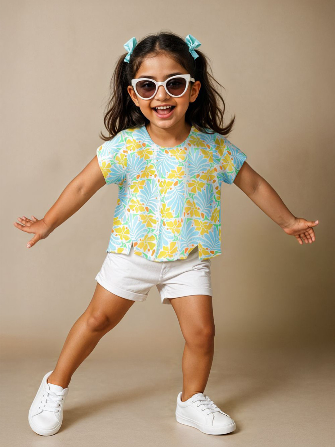 TALES & STORIES Kids Blue -Girls Floral Printed Regular Viscose Top