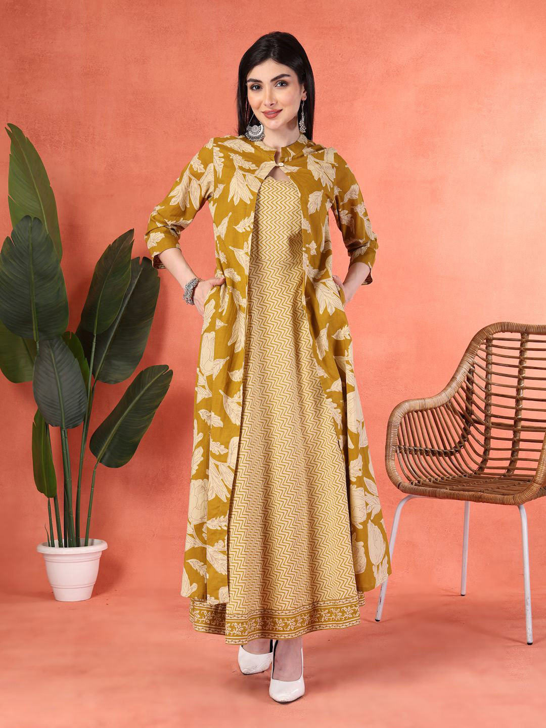 Shangri LA MS Designs Women Pure Cotton A-Line Maxi Dress With Jacket