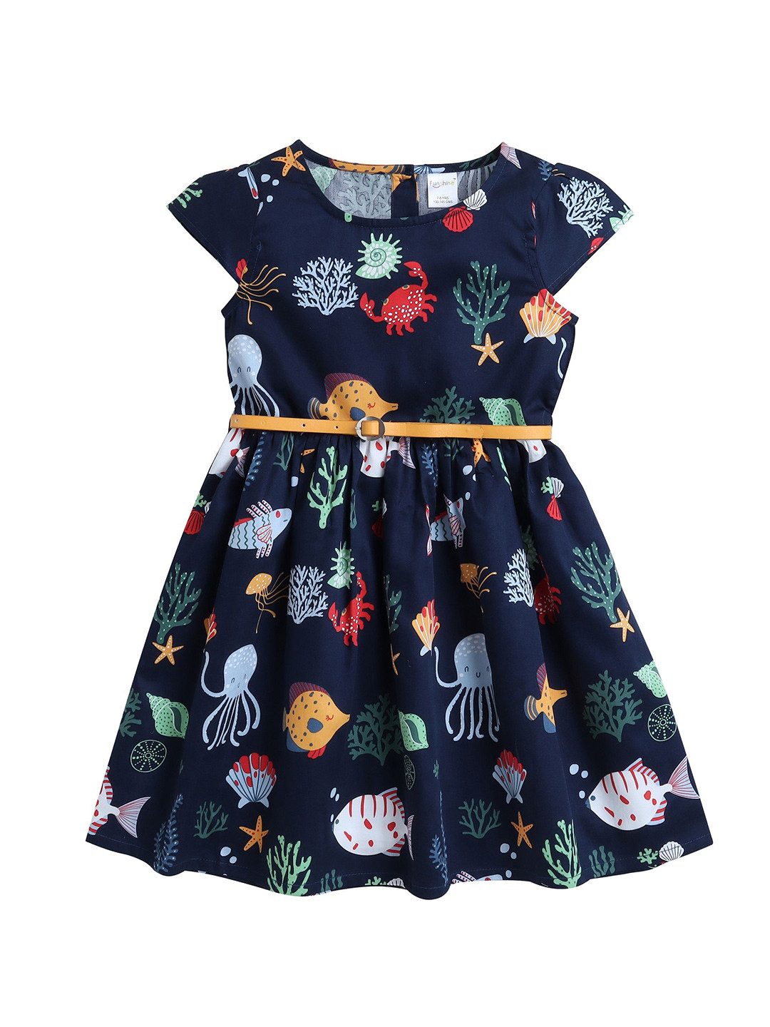 Funshine Girls Cotton Aquatic Print Navy Dress with Belt