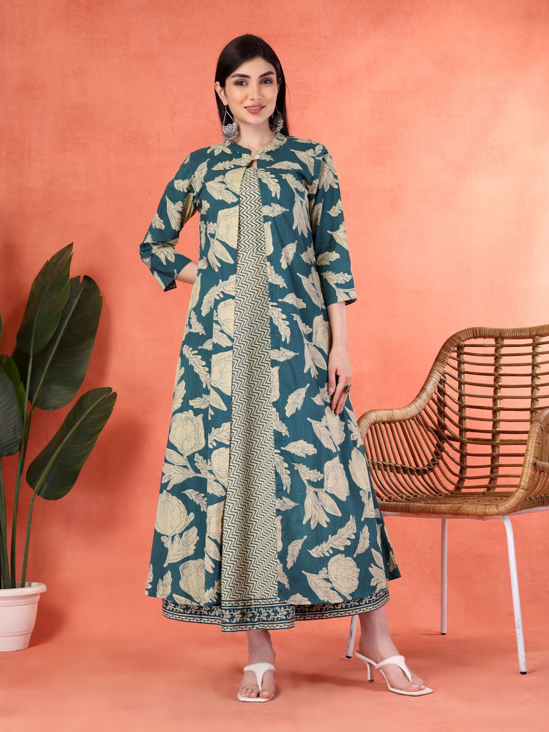 Shangri LA MS Designs Women Floral Printed Round Neck Fit & Flare Maxi Dress with Jacket