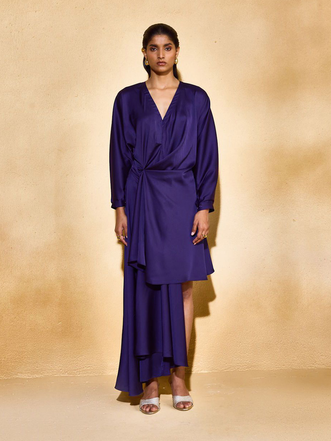 ECHO STUDIO Women V-Neck Satin Wrap High-Low Dress