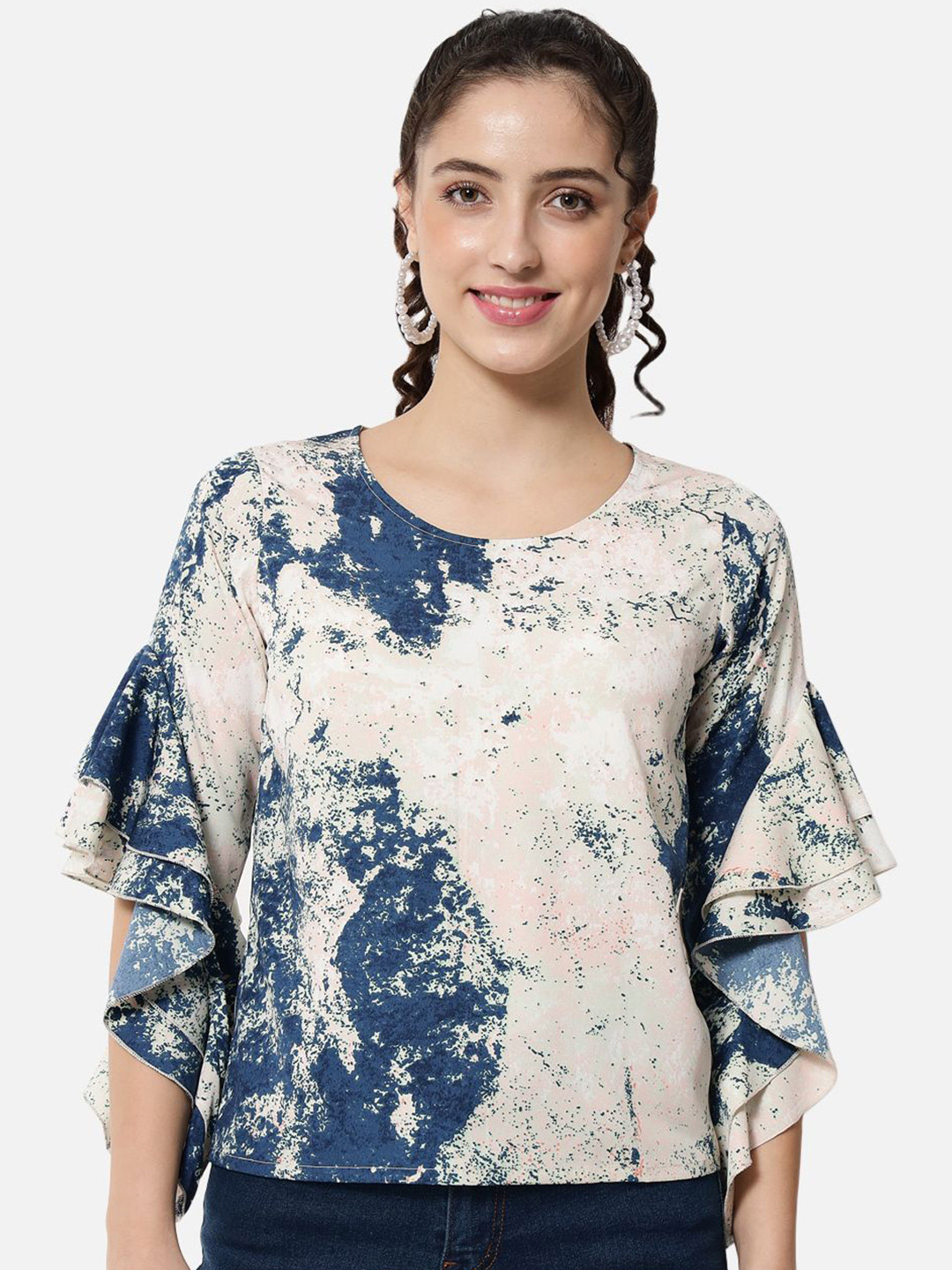 OTIRA Women Tie and Dye Print Round Neck Bell Sleeve Top