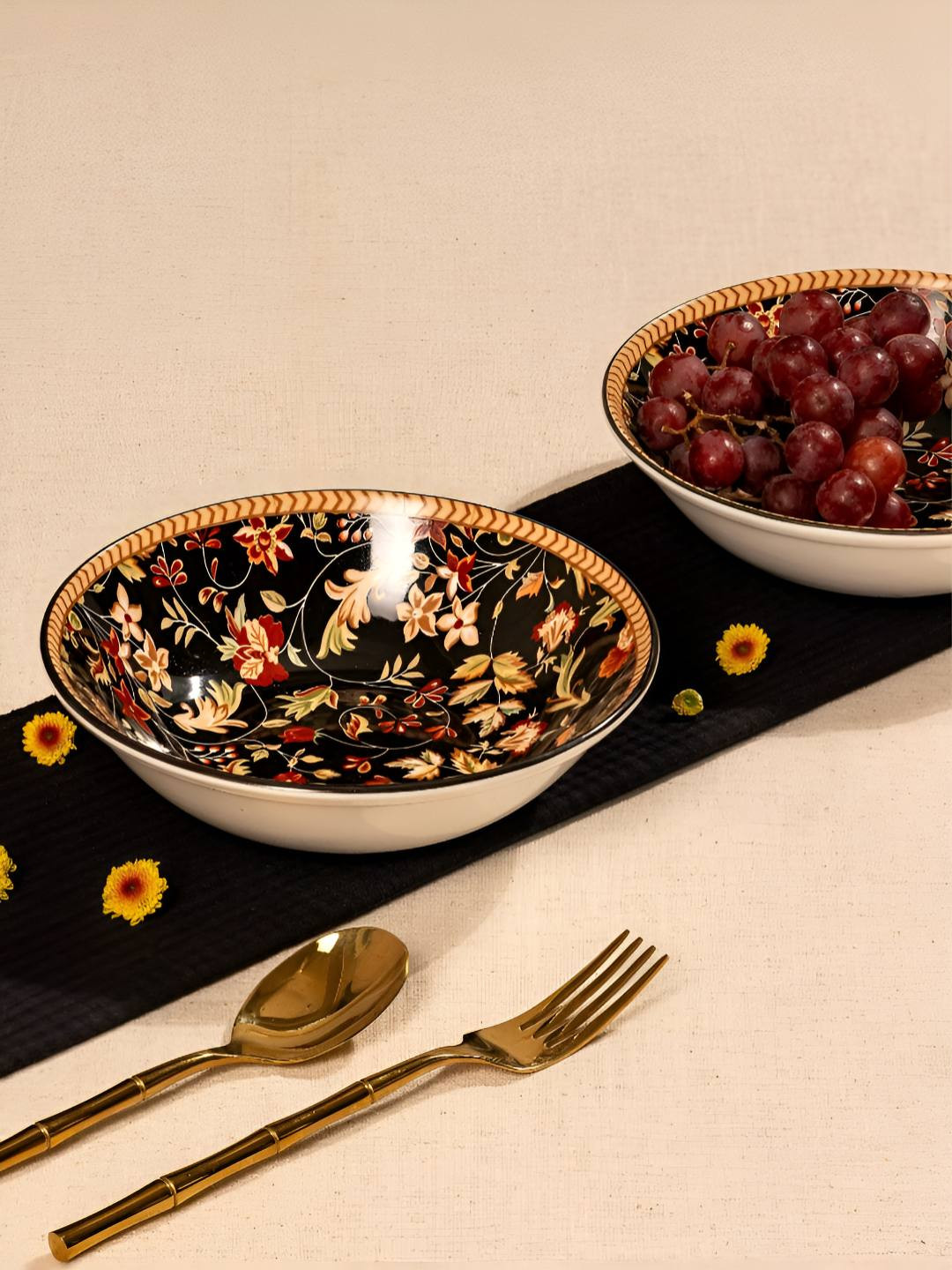 GOLDEN QUEEN'S Black 2 Pcs Ceramic Microwave Safe Enchanted Night Garden Serving Bowl