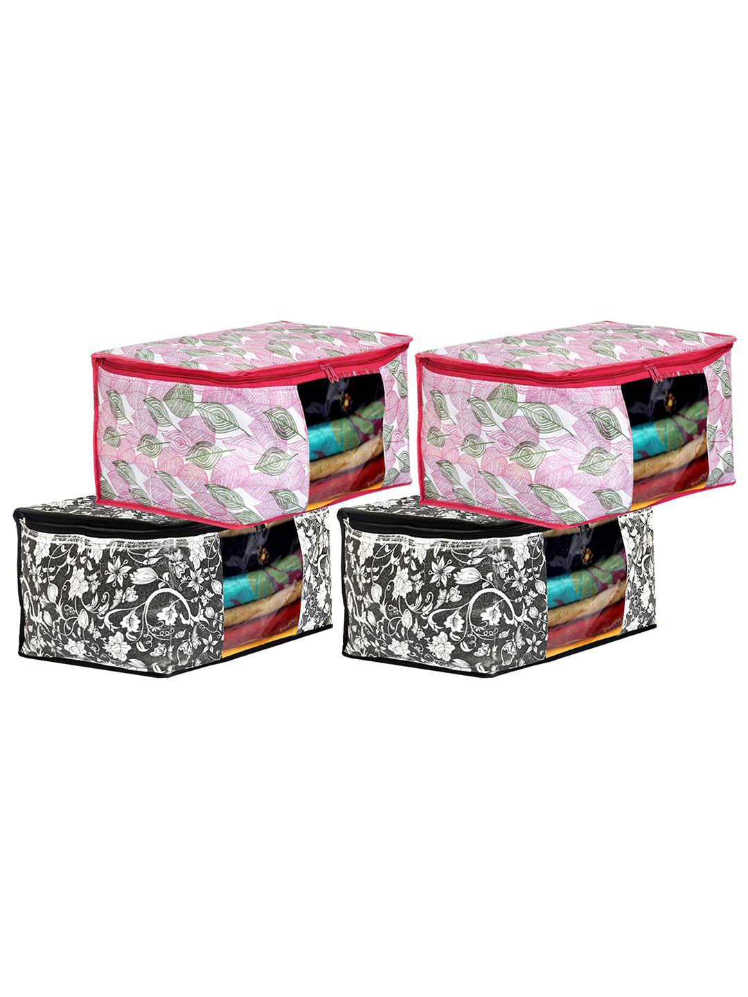 Kuber Industries Black & Pink 4 Pieces Flower Printed Drawer Organisers