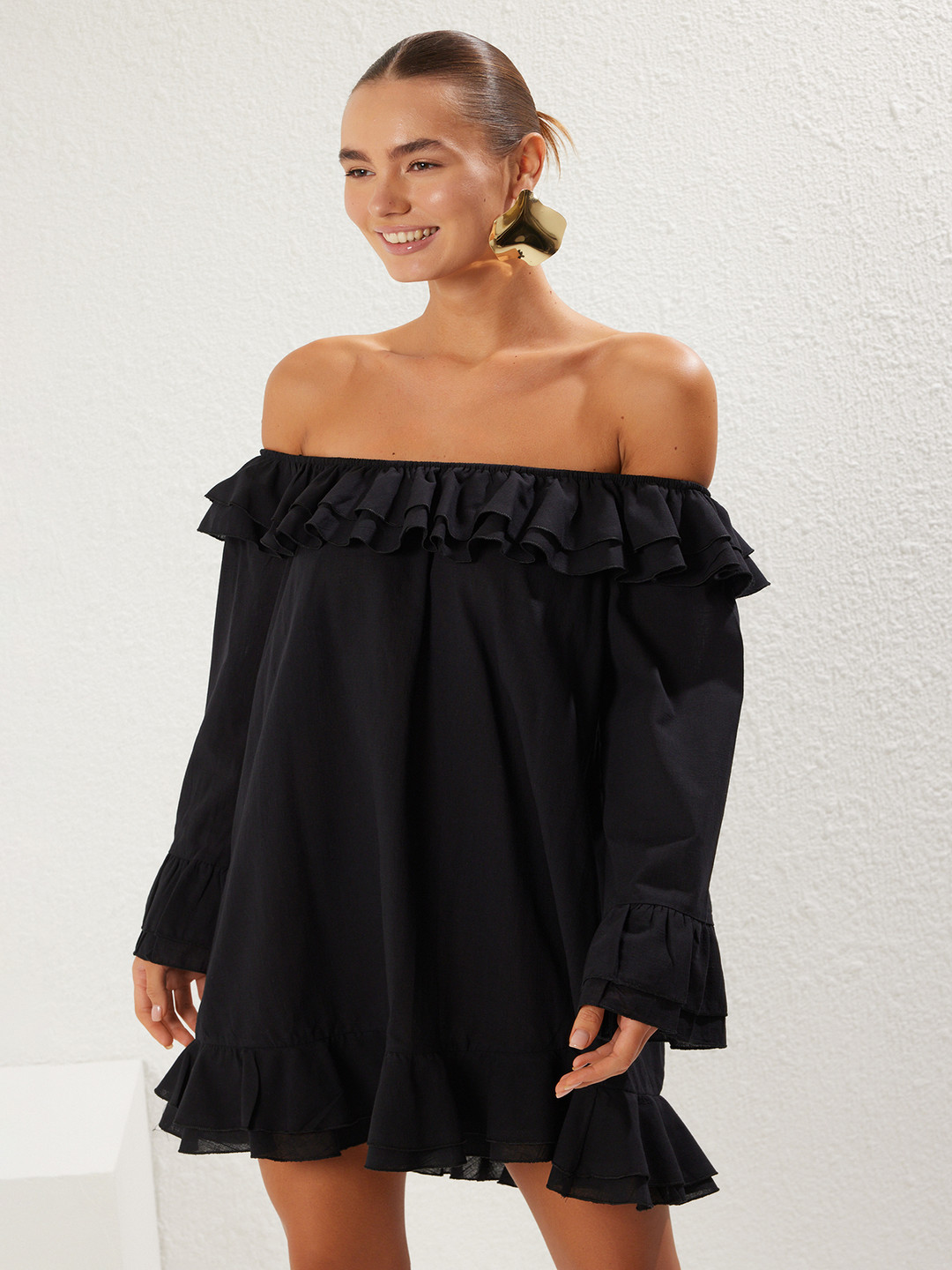 Trendyol Off-Shoulder Bell Sleeve Ruffles Cotton A-Line Mini Dress