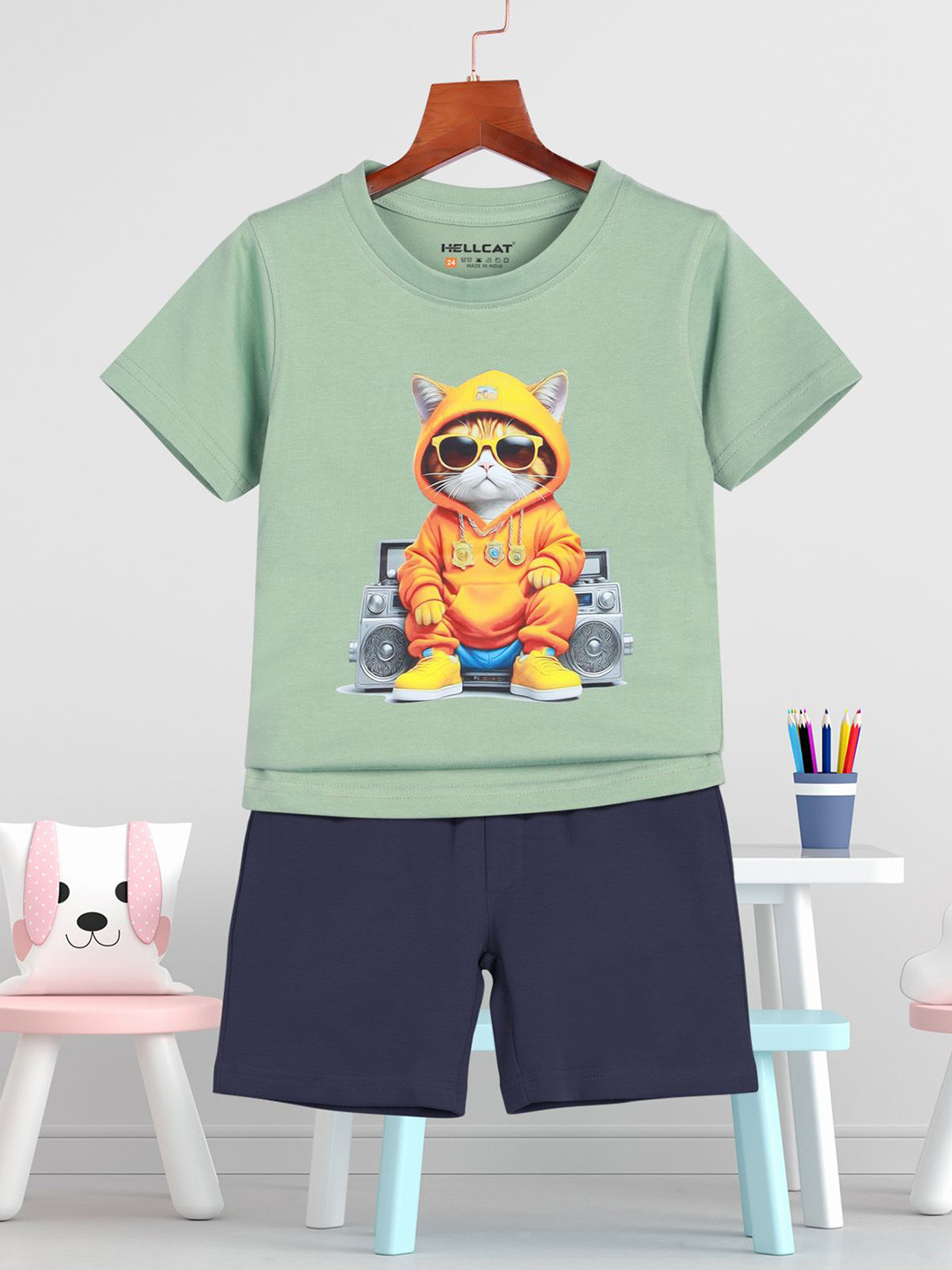 HELLCAT Boys Animal Graphic Printed Round Neck T-Shirt With Shorts