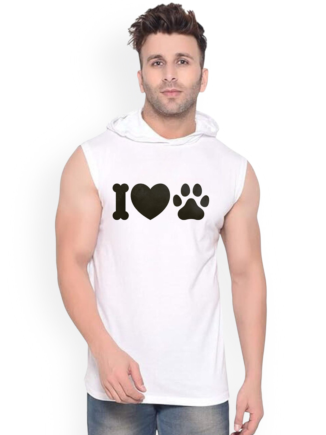 Fashnobic Men printed I Love Paw Gym Vest White