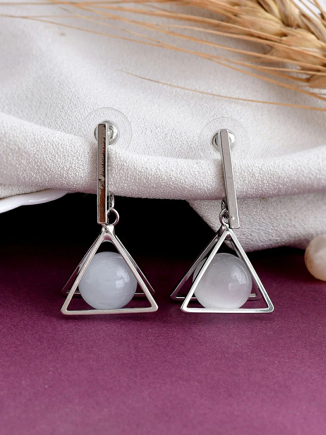 CARIA Stainless Steel Pearls Beaded Minimalist Triangular Shaped Drop Earrings