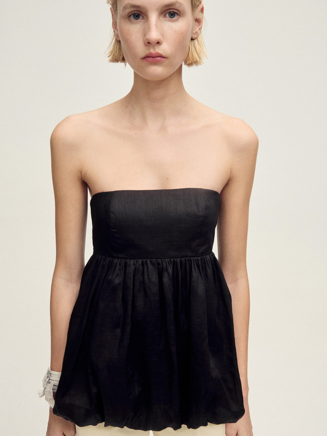 MANGO Off-Shoulder Ramie Balloon Top