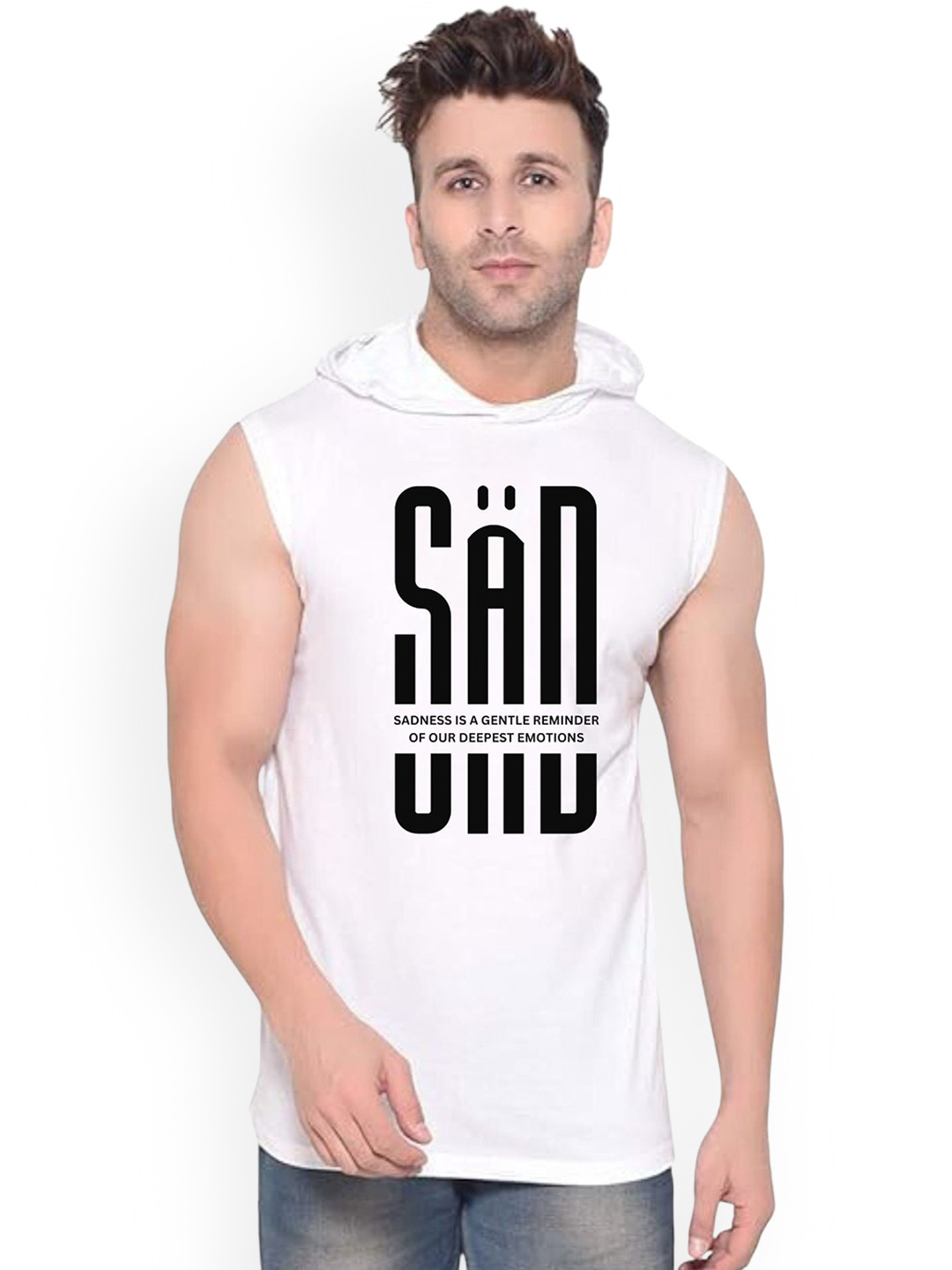 Fashnobic Sadness Printed Innerwear Gym Vest  K_Print-285_gym_vest White M