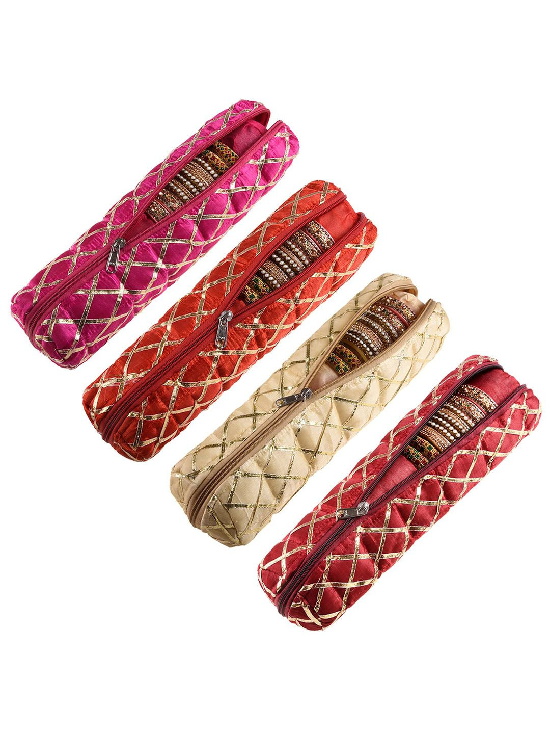 Kuber Industries Red & Pink 4 Pieces Self Design Single Rod Bangle Box