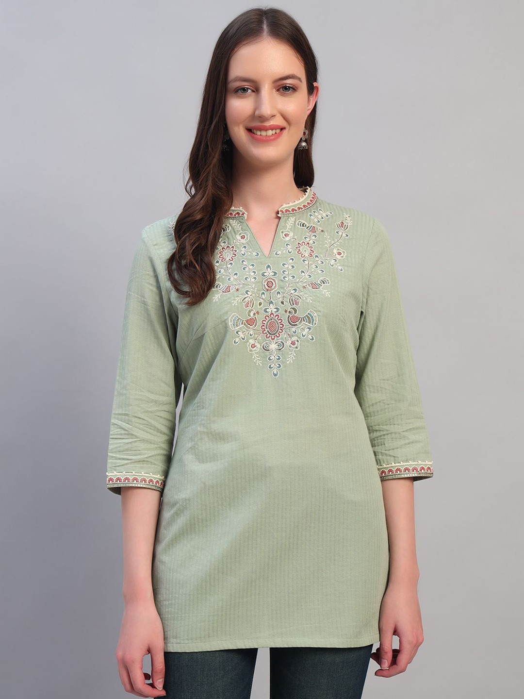 Cantabil Floral Embroidered Mandarin Collar Pure Cotton Straight Short Kurti