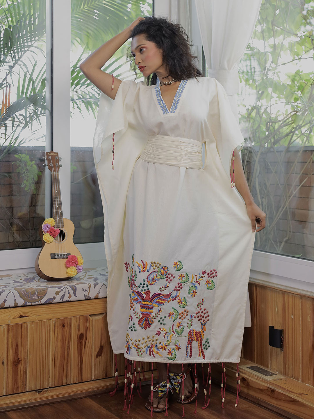 Boho Panache Women Kaftan Maxi Dress Comes With A Belt