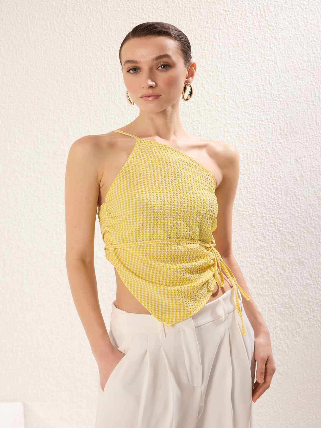 Trendyol Women Checked One Shoulder Crop Top
