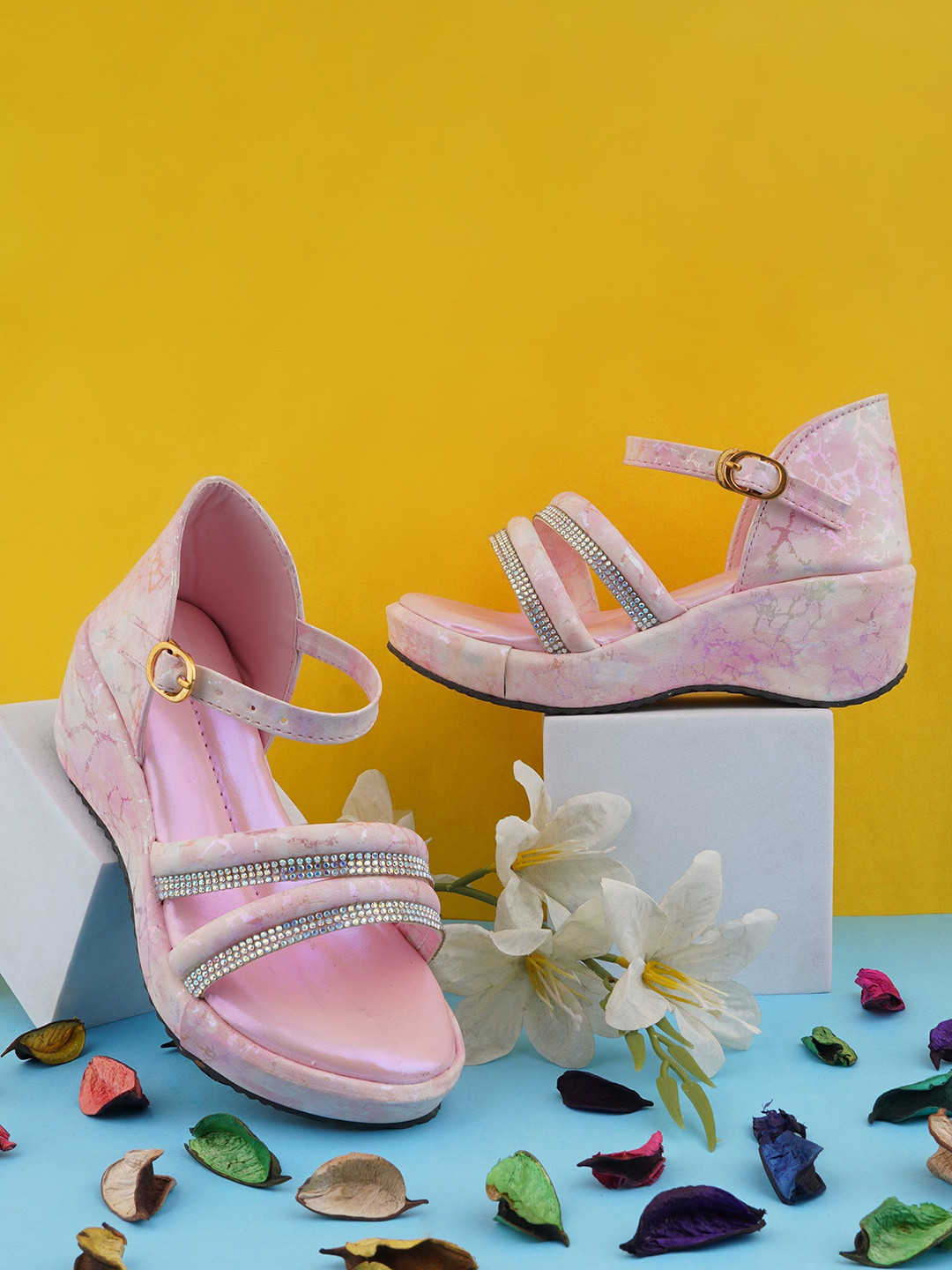 LMG Lifestyle Girls Printed Wedge Heel Sandals with Ethnic - Embellished