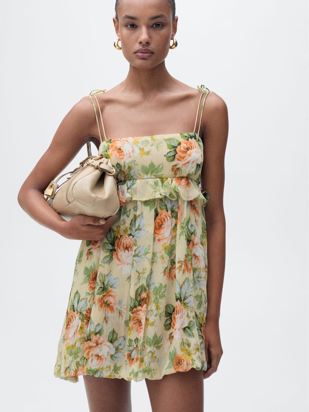 MANGO Floral Print Shoulder Straps Empire Mini Dress With Ruffles and Frills