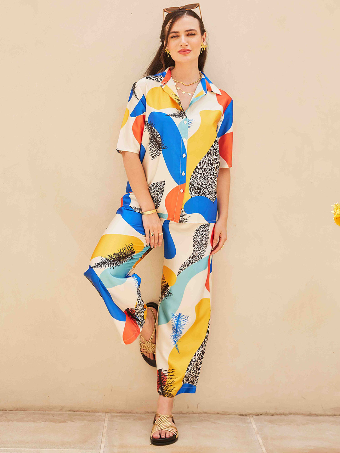 House of Sal Pola Printed Shirt Collar Shirt With Trouser Co-Ords