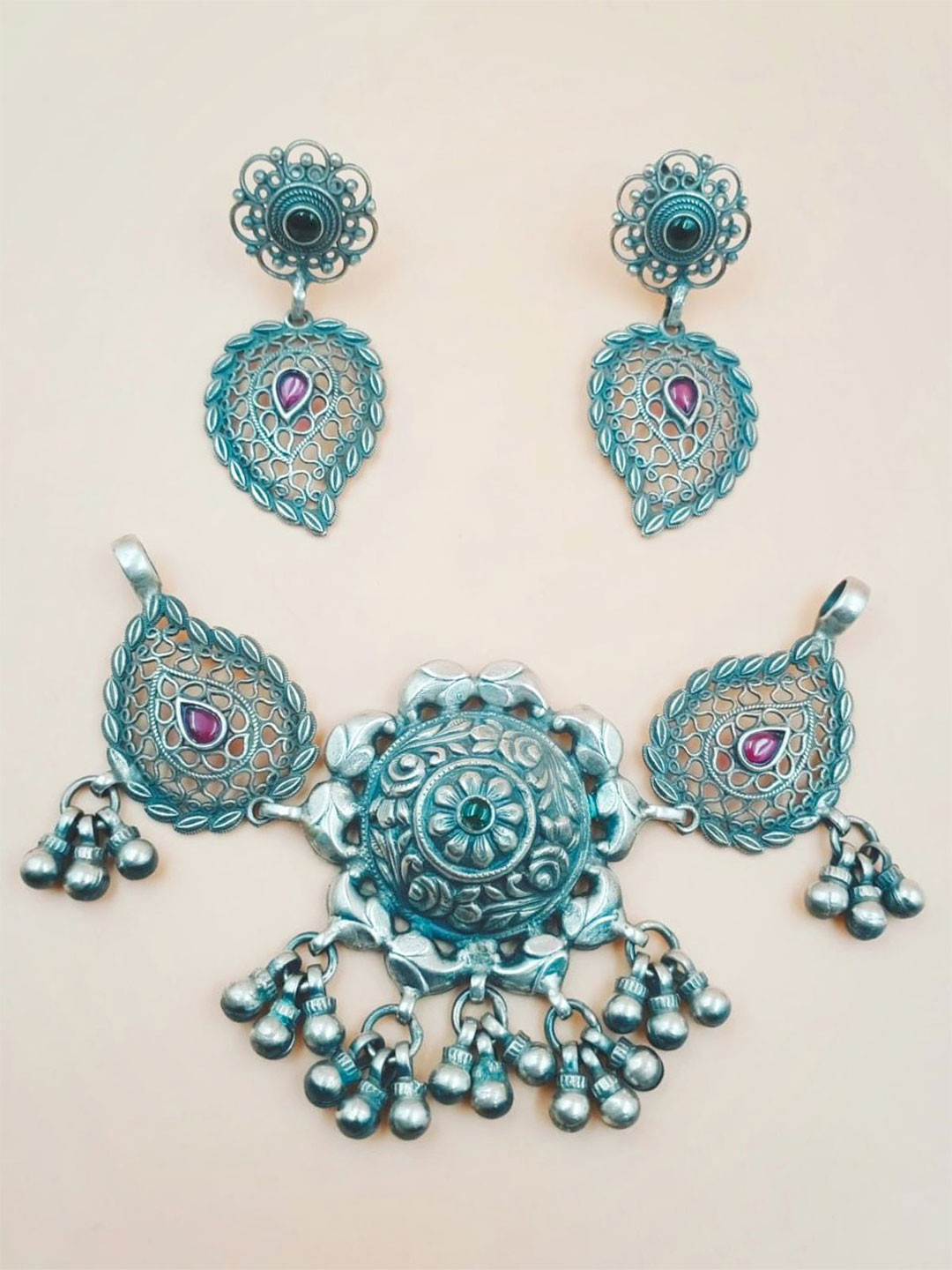 Tara Silver Jewels Rhodium-Plated Stone-Studded Jewellery Set