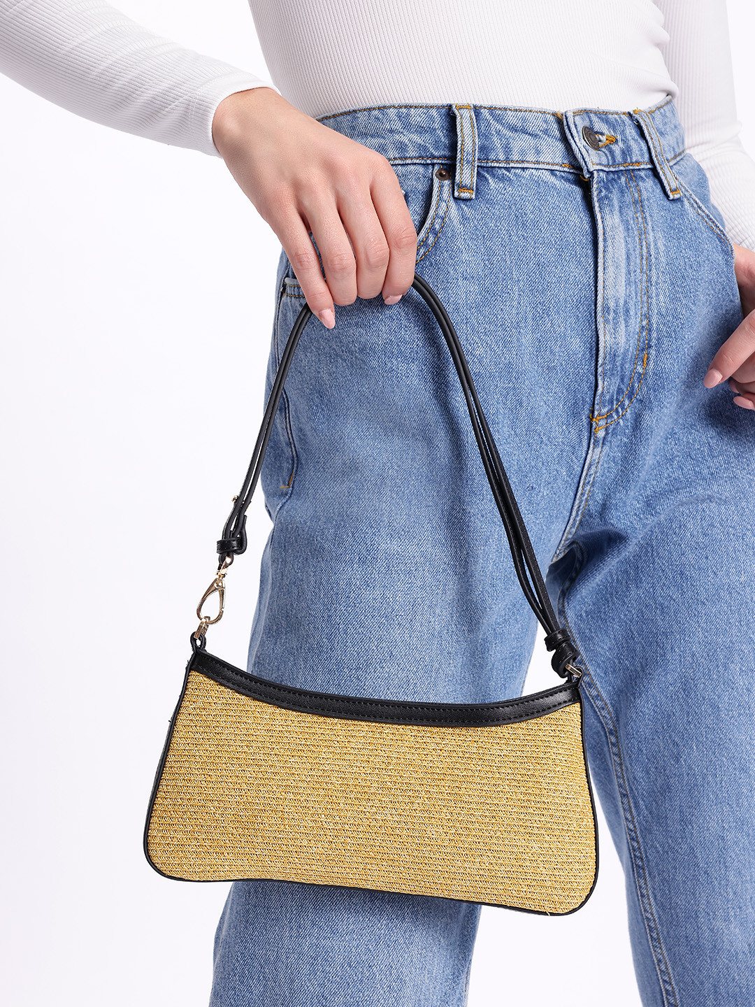 MANGO Textured Natural Fibre Baguette Shoulder Bag