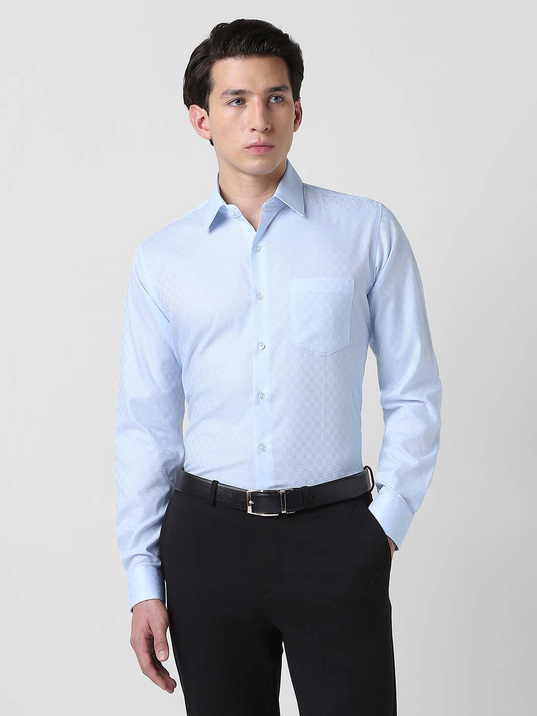 Van Heusen Men Geometric Textured Chest Pocket Spread Collar Slim Fit Cotton Shirt
