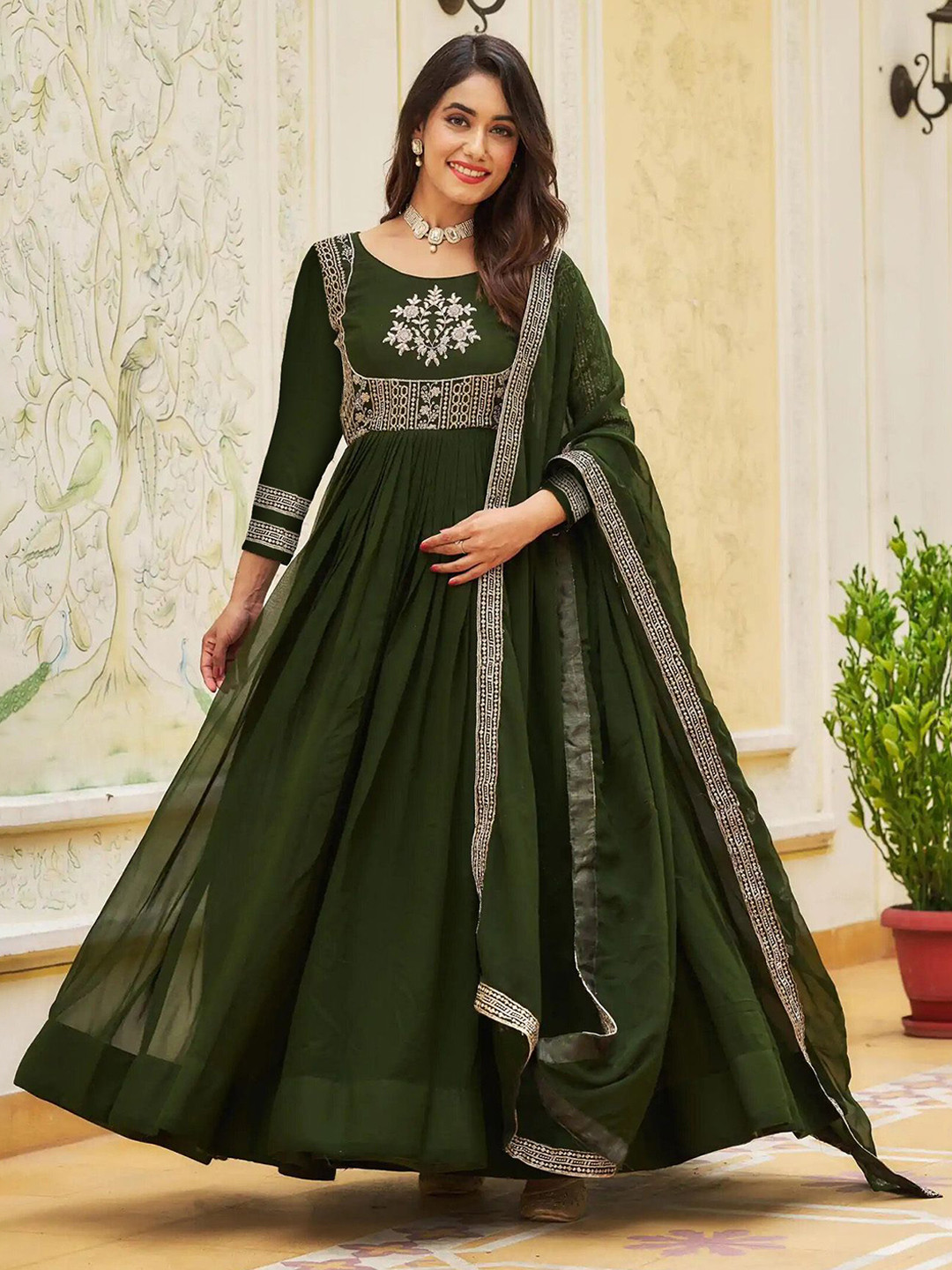 Kedar Fab Women Ethnic Motifs Gathered Or Pleated Georgette Ethnic Dress with Dupatta