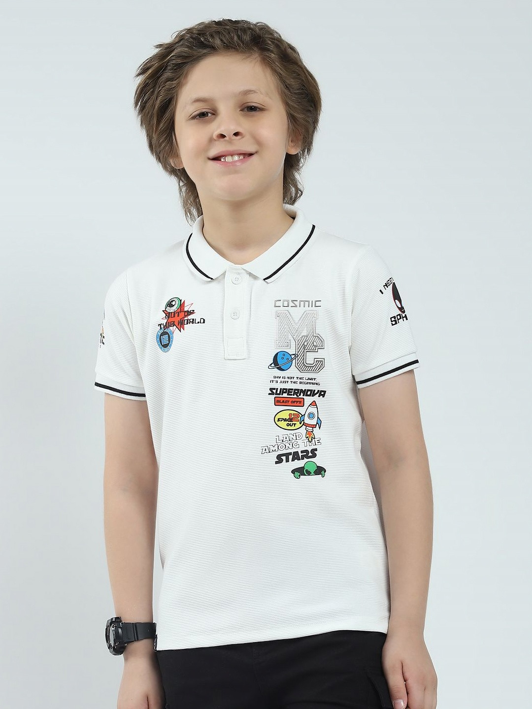 Monte Carlo Kids Boys People and Places Printed Polo Collar Applique T-shirt