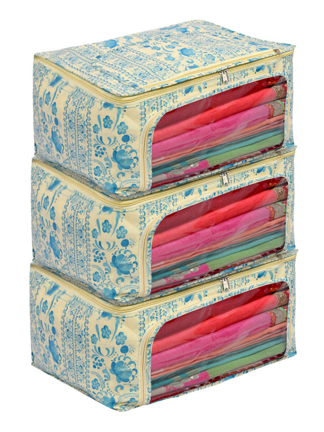 Kuber Industries Cream-Coloured 3 Pieces Printed Drawer Organisers With Transparent Window