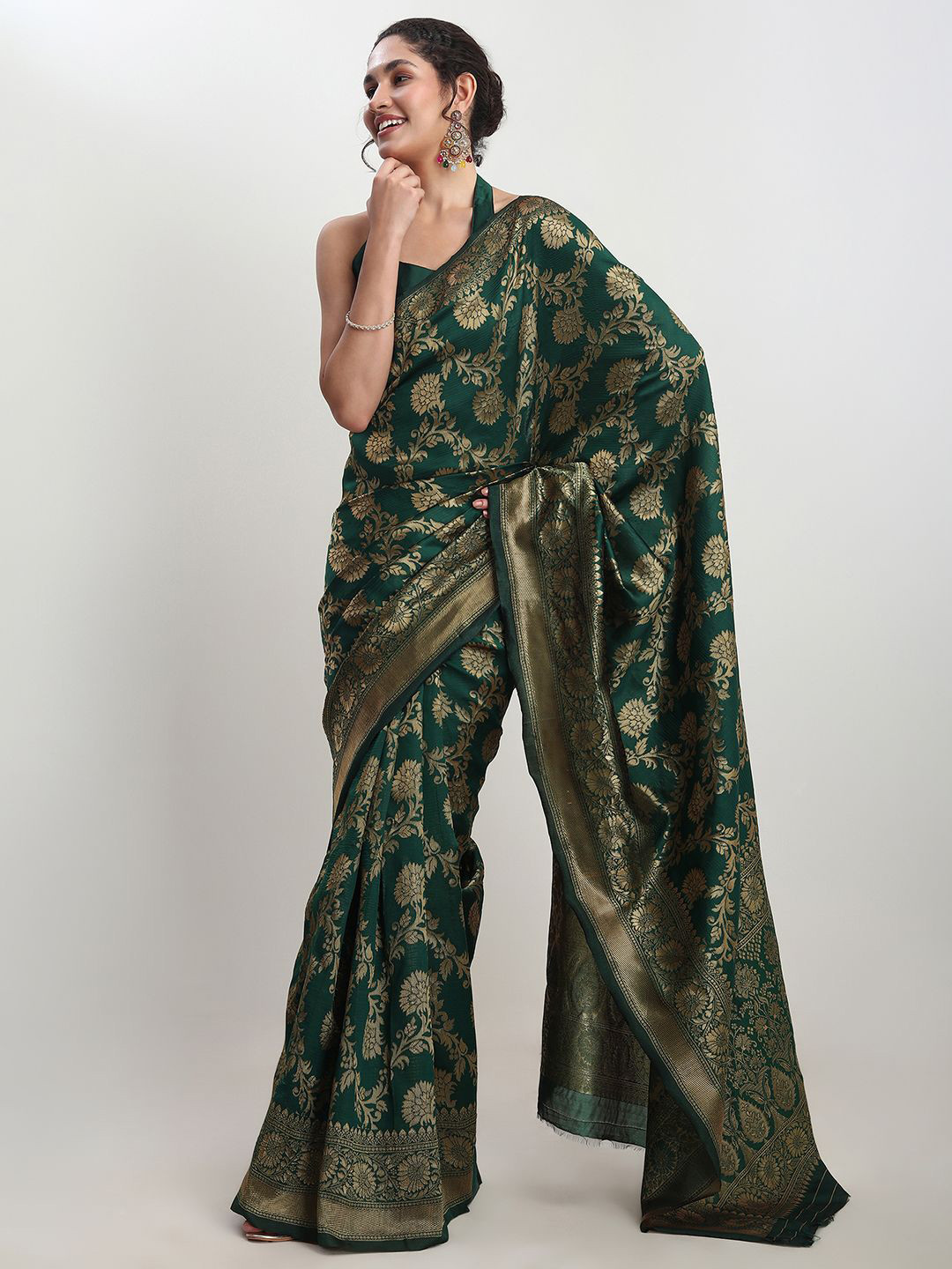 Janasya Women Dark Green Silk Blend Floral Woven Design Jacquard Saree