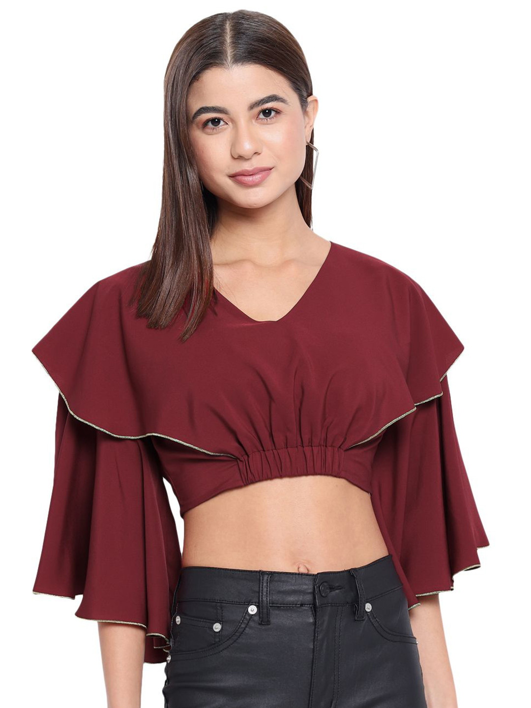 OTIRA Women V Neck Flared Sleeve Bardot Crop Top