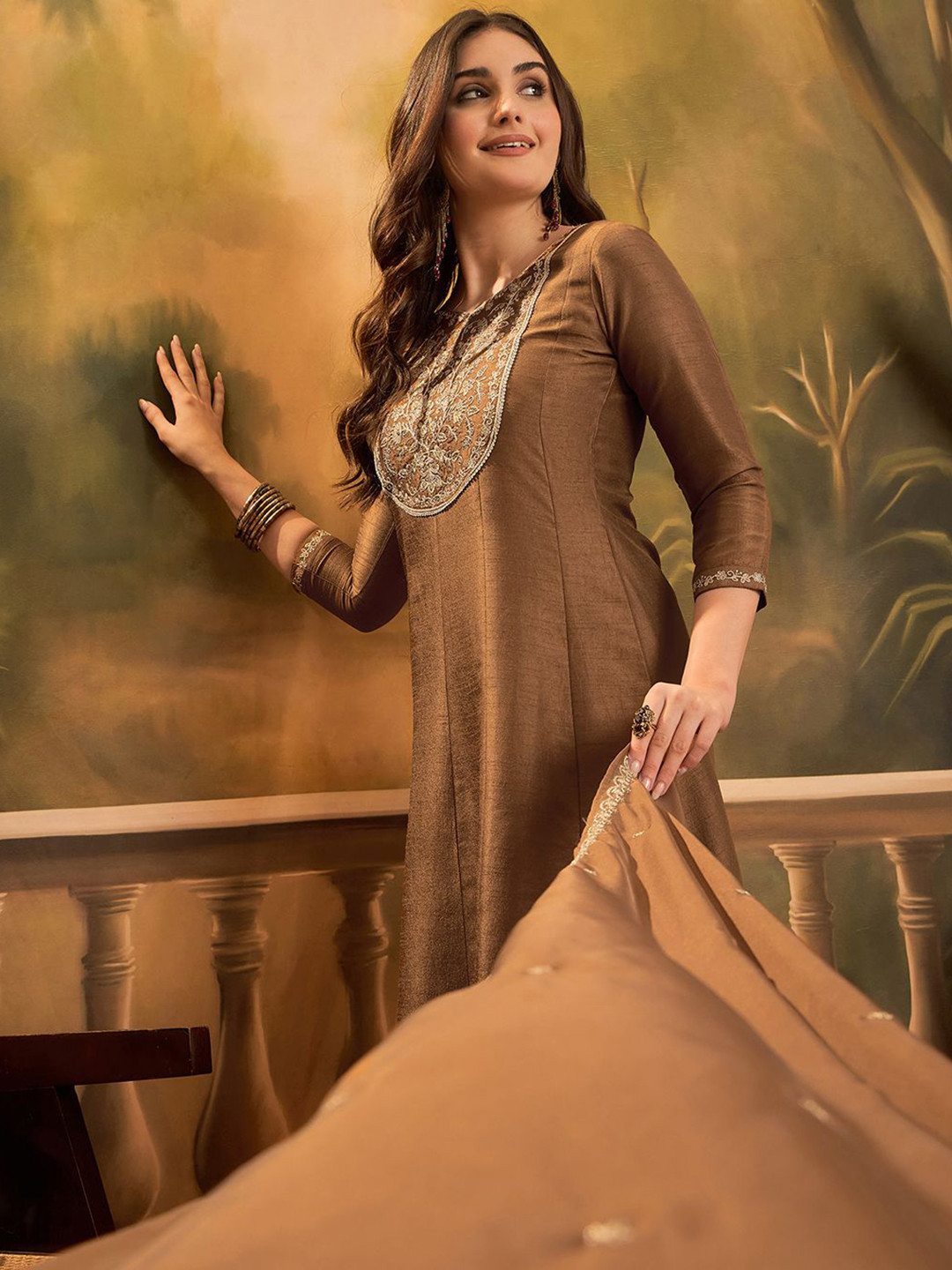 Sangria Women Sequin Embroidered A-Line Kurta & Trousers With Dupatta