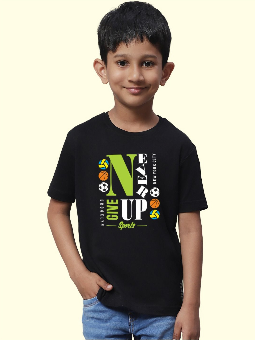 Friskers Boys Never Give UP Printed Cotton T-shirt