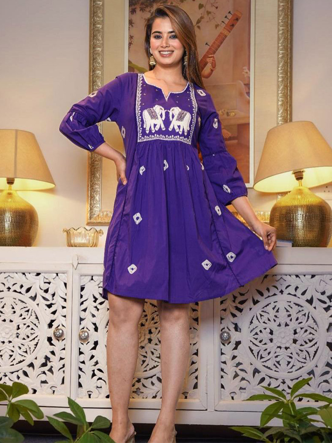 Anushansa Ethnic Motifs Printed Notch Neck Peplum Dress